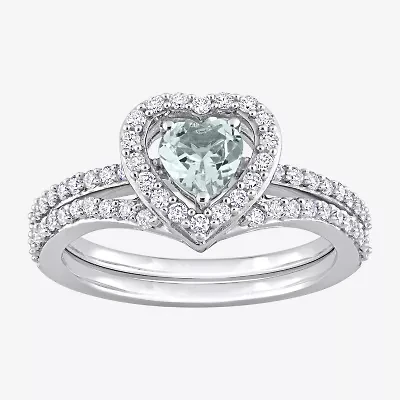 Modern Bride Gemstone Womens 1/2 CT. T.W. Genuine Blue Aquamarine 10K White Gold Heart Side Stone Halo Bridal Set