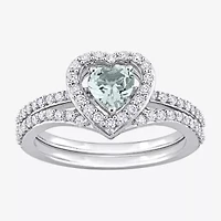 Modern Bride Gemstone Womens 1/2 CT. T.W. Genuine Blue Aquamarine 10K White Gold Heart Side Stone Halo Bridal Set