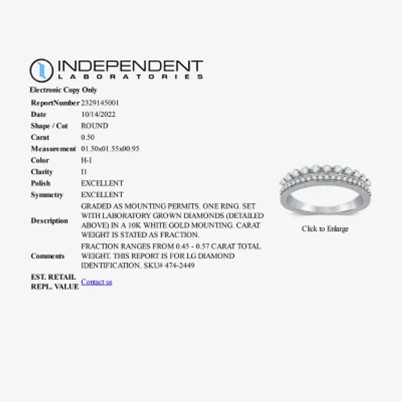 (H-I / I1) Womens 1/2 CT. T.W. Lab Grown White Diamond 10K Gold Anniversary Wedding Band