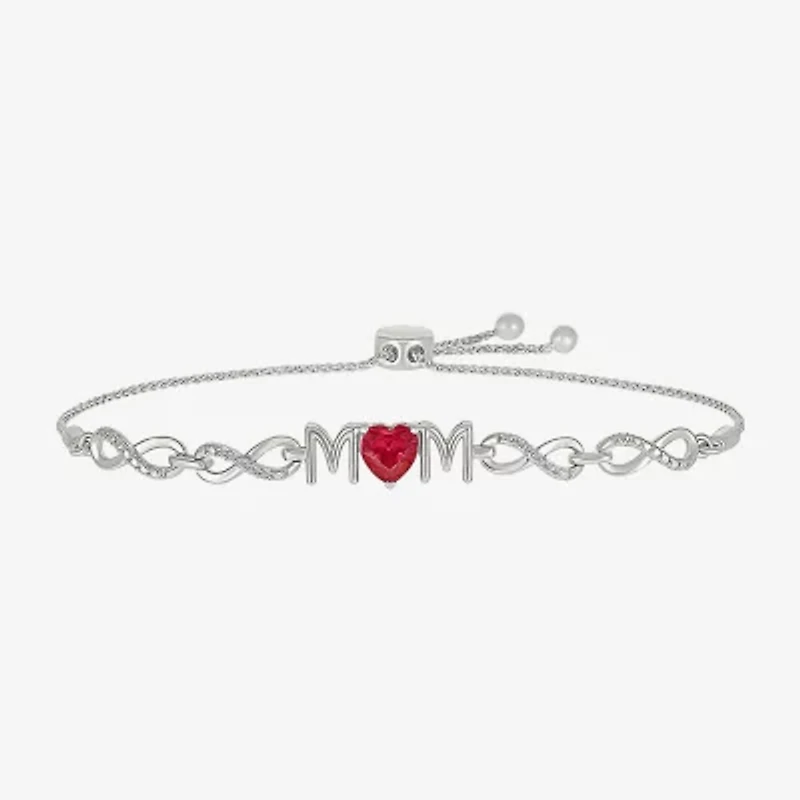 Mom Womens Diamond Accent Lab Created Red Ruby Sterling Silver Heart Infinity Bolo Bracelet