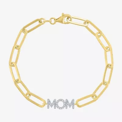 Diamond Addiction "Mom" (G-H / I1-I2) Womens 14K Gold Over Silver Sterling Silver 8 Inch Paperclip Chain Bracelet