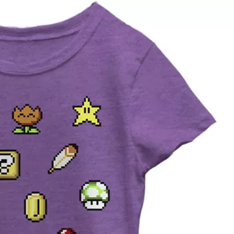 Little & Big Kid Girls Crew Neck Short Sleeve Regular Fit Super Mario Graphic T-Shirt