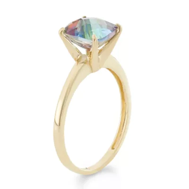 Womens Genuine Mystic Fire Topaz 10K Gold Square Solitaire Cocktail Ring