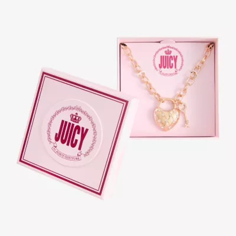 Juicy By Juicy Couture Gold Tone Pad Lock Womens Crystal Alloy Heart Keys 18 Inch Pendant Necklace