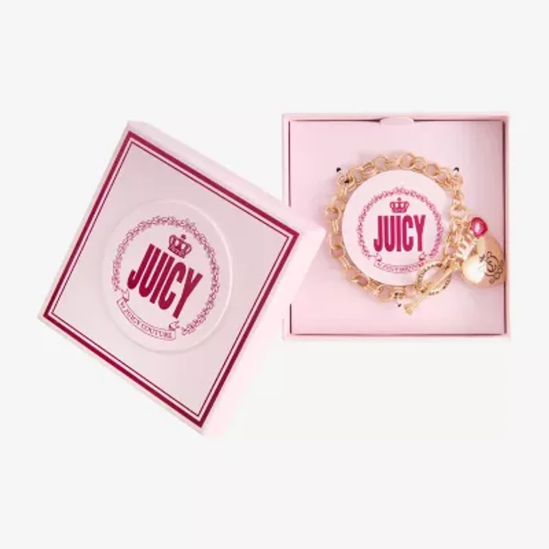 Juicy By Juicy Couture Gold Tone Toggle Womens Pink Crystal Crown Heart Charm Bracelet