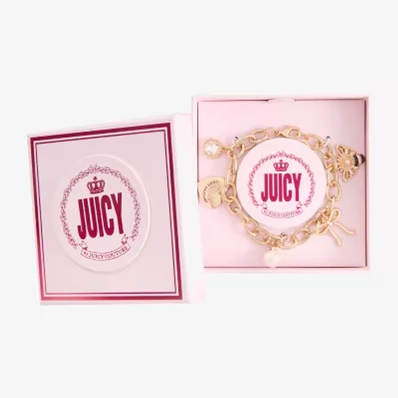 Juicy By Juicy Couture Gold Tone Queen Bee Womens White Crystal Simulated Pearl Bow Crown Charm Bracelet