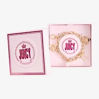 Juicy By Juicy Couture Gold Tone Queen Bee Womens White Crystal Simulated Pearl Bow Crown Charm Bracelet