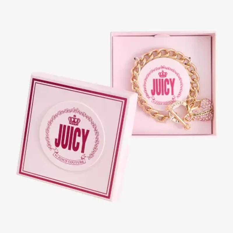 Juicy By Juicy Couture Gold Tone Toggle Womens Pink Crystal Bow Heart Charm Bracelet