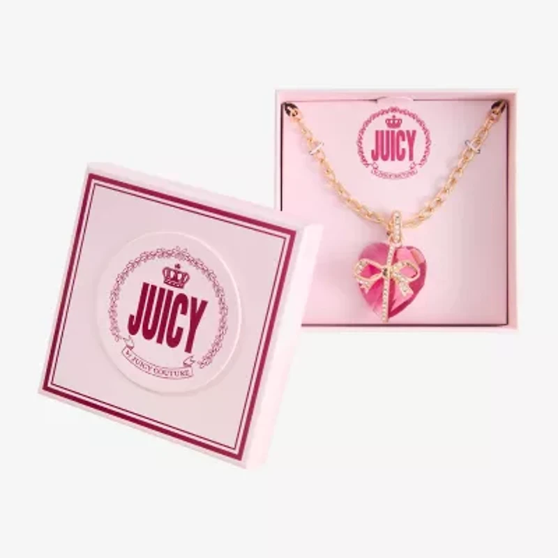 Juicy By Juicy Couture Gold Tone Womens Pink Crystal Alloy Bow Heart 18 Inch Pendant Necklace