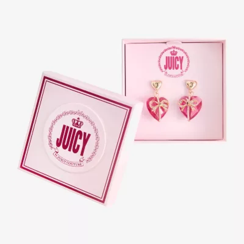 Juicy By Juicy Couture Gold Tone Womens Pink Crystal Bow Heart Drop Earrings