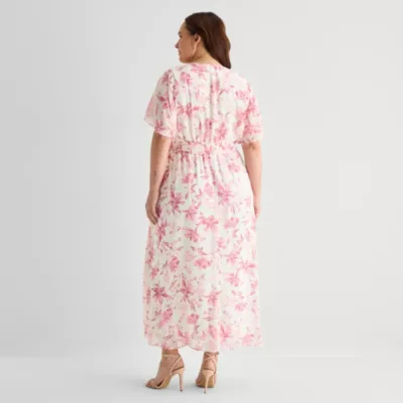 Studio 1 Womens Plus Short Sleeve Floral Maxi Dress