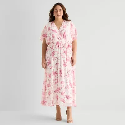 Studio 1 Womens Plus Short Sleeve Floral Maxi Dress
