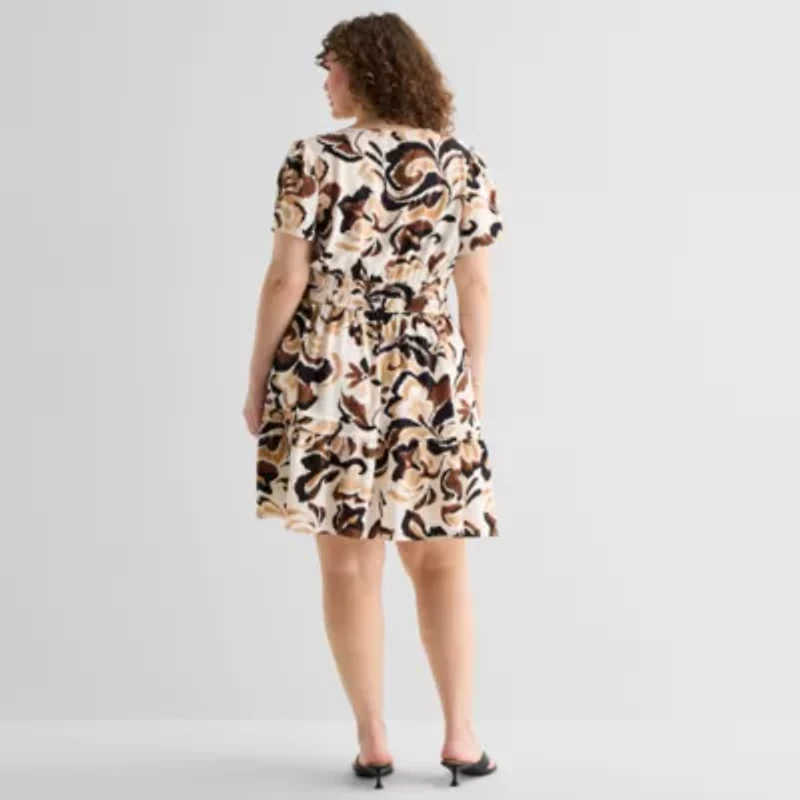 Be by CHETTA B Womens Plus Short Sleeve Abstract Fit + Flare Dress