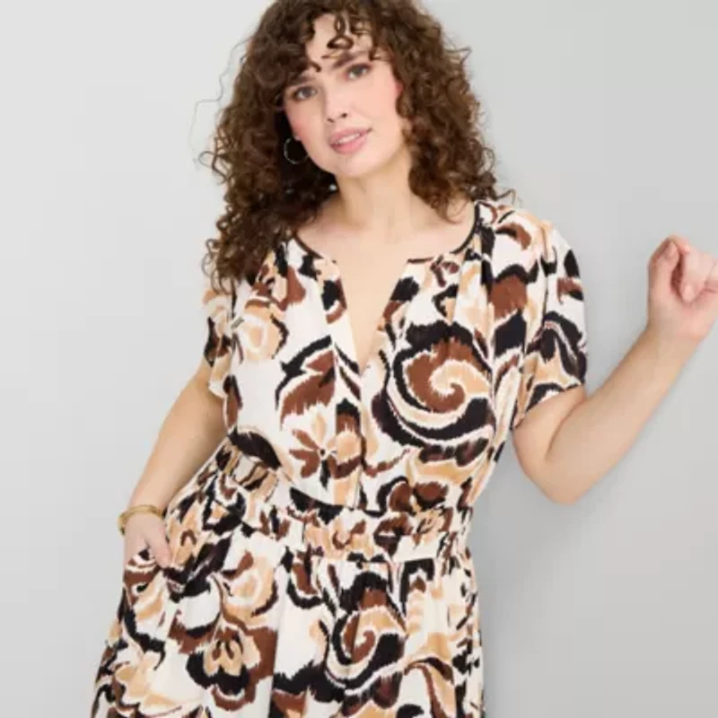 Be by CHETTA B Womens Plus Short Sleeve Abstract Fit + Flare Dress