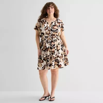 Be by CHETTA B Womens Plus Short Sleeve Abstract Fit + Flare Dress