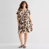 Be by CHETTA B Womens Plus Short Sleeve Abstract Fit + Flare Dress