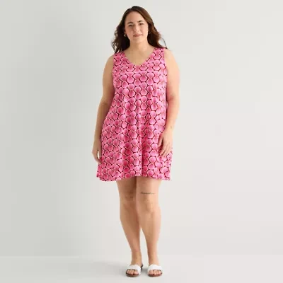 St. John's Bay Womens Plus V Neck Sleeveless Floral A-Line Dress