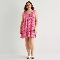 St. John's Bay Womens Plus V Neck Sleeveless Floral A-Line Dress