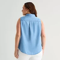 St. John's Bay Womens Plus Sleeveless Classic Fit Button-Down Shirt