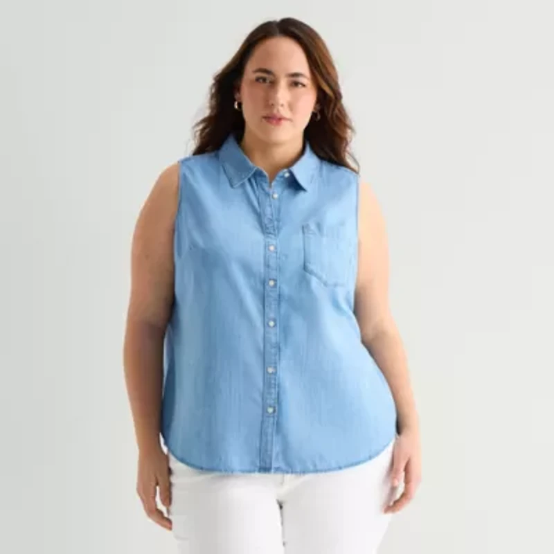 St. John's Bay Womens Plus Sleeveless Classic Fit Button-Down Shirt