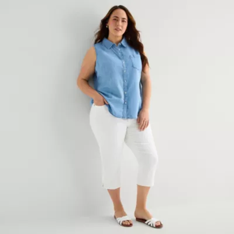 St. John's Bay Womens Plus Sleeveless Classic Fit Button-Down Shirt