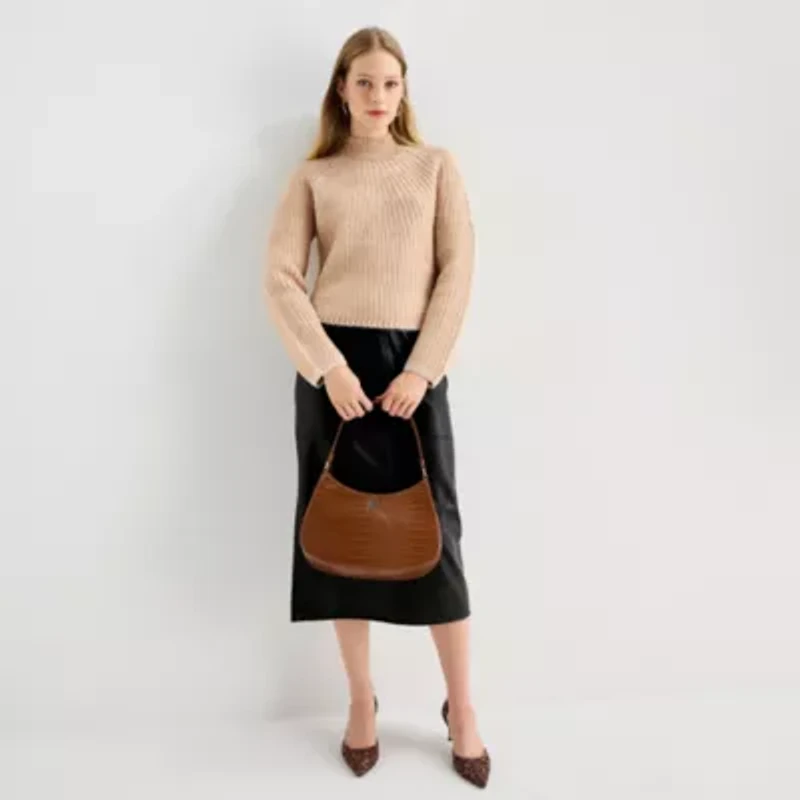 Worthington Petite Womens Mock Neck Long Sleeve Striped Pullover Sweater