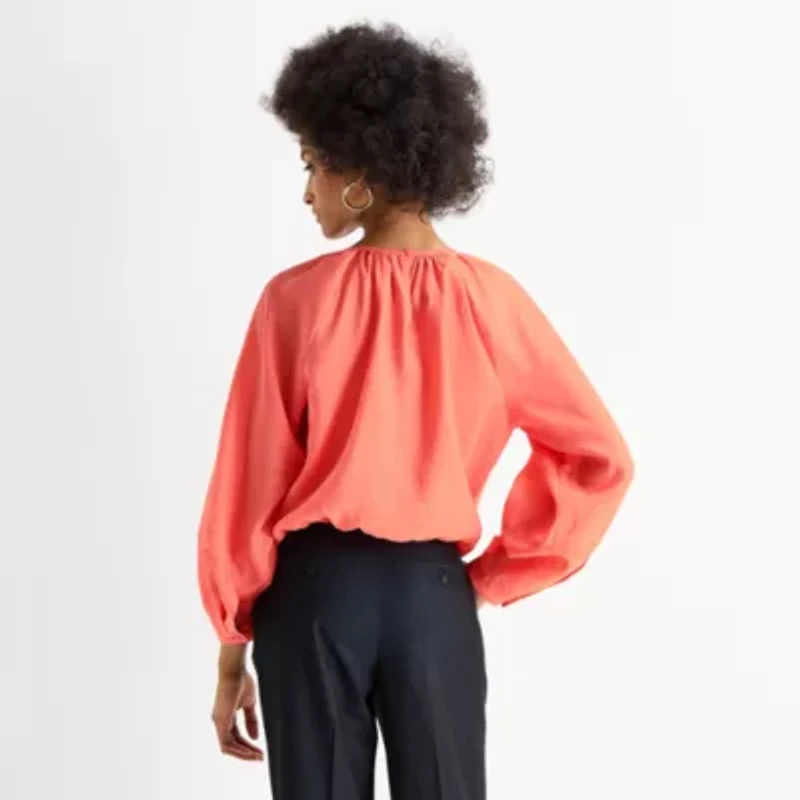 Worthington Womens Round Neck Long Sleeve Blouse