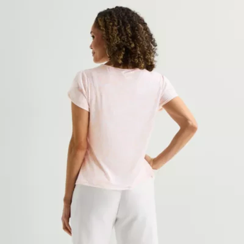 Liz Claiborne Womens Jewel Neck Short Sleeve Blouse