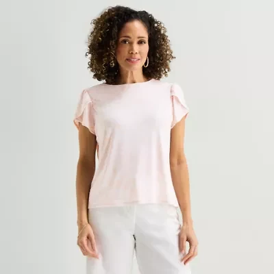 Liz Claiborne Womens Jewel Neck Short Sleeve Blouse