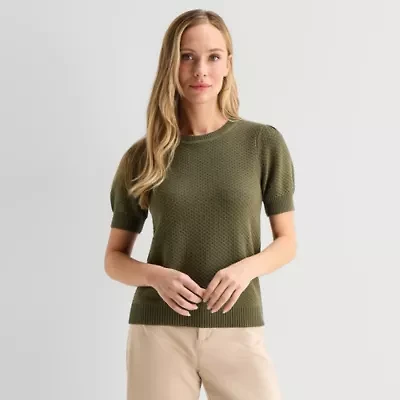 Liz Claiborne Womens Crew Neck Short Sleeve Pullover Sweater