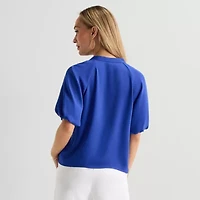 Liz Claiborne Womens Split Crew Neck Short Sleeve Satin Blouse
