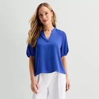 Liz Claiborne Womens Split Crew Neck Short Sleeve Satin Blouse