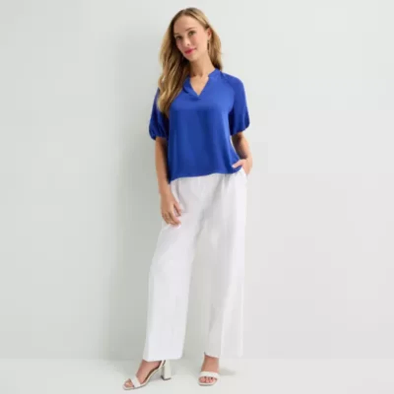 Liz Claiborne Womens Split Crew Neck Short Sleeve Satin Blouse
