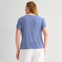 Liz Claiborne Womens Plus Crew Neck Short Sleeve Blouse