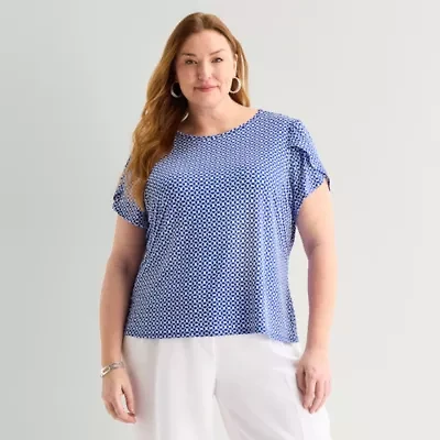 Liz Claiborne Womens Plus Crew Neck Short Sleeve Blouse