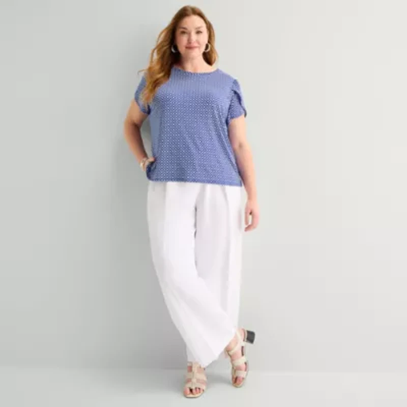 Liz Claiborne Womens Plus Crew Neck Short Sleeve Blouse