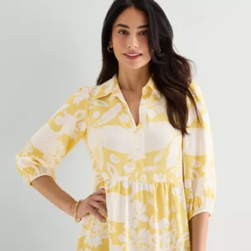 52seven Womens 3/4 Sleeve Midi Floral Shift Dress