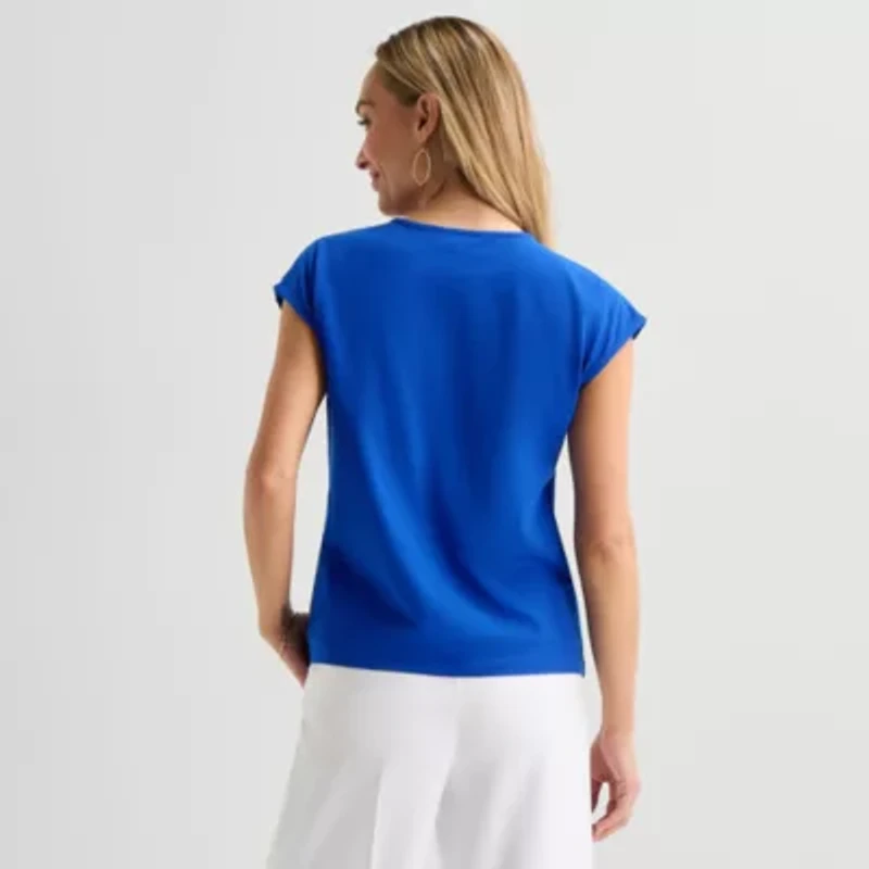 Liz Claiborne Womens Crew Neck Short Sleeve Embroidered Blouse