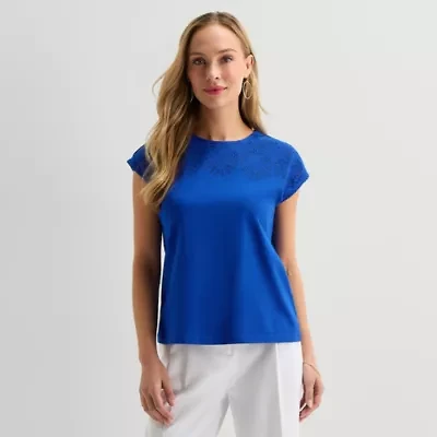 Liz Claiborne Womens Crew Neck Short Sleeve Embroidered Blouse