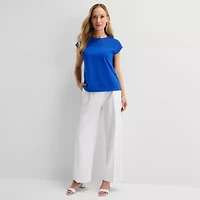 Liz Claiborne Womens Crew Neck Short Sleeve Embroidered Blouse
