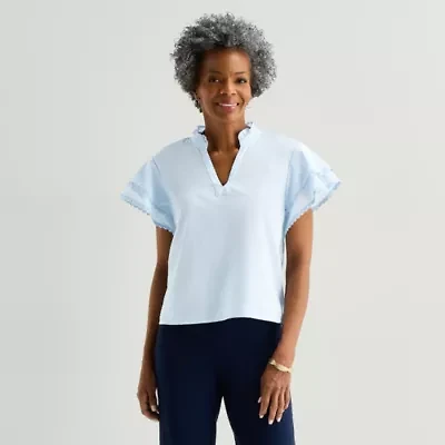 Liz Claiborne Womens Split Crew Neck Blouse