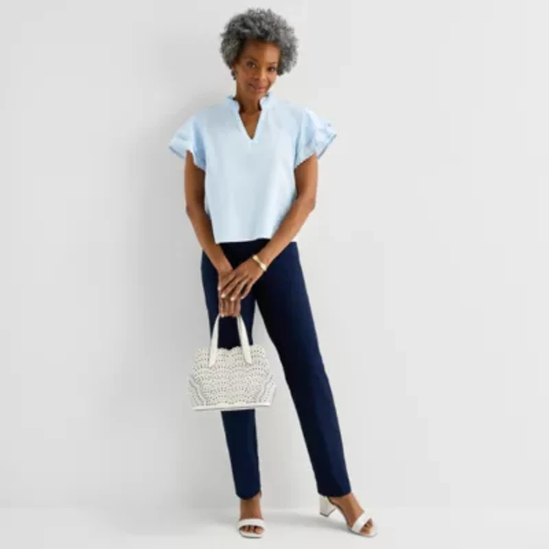 Liz Claiborne Womens Split Crew Neck Blouse
