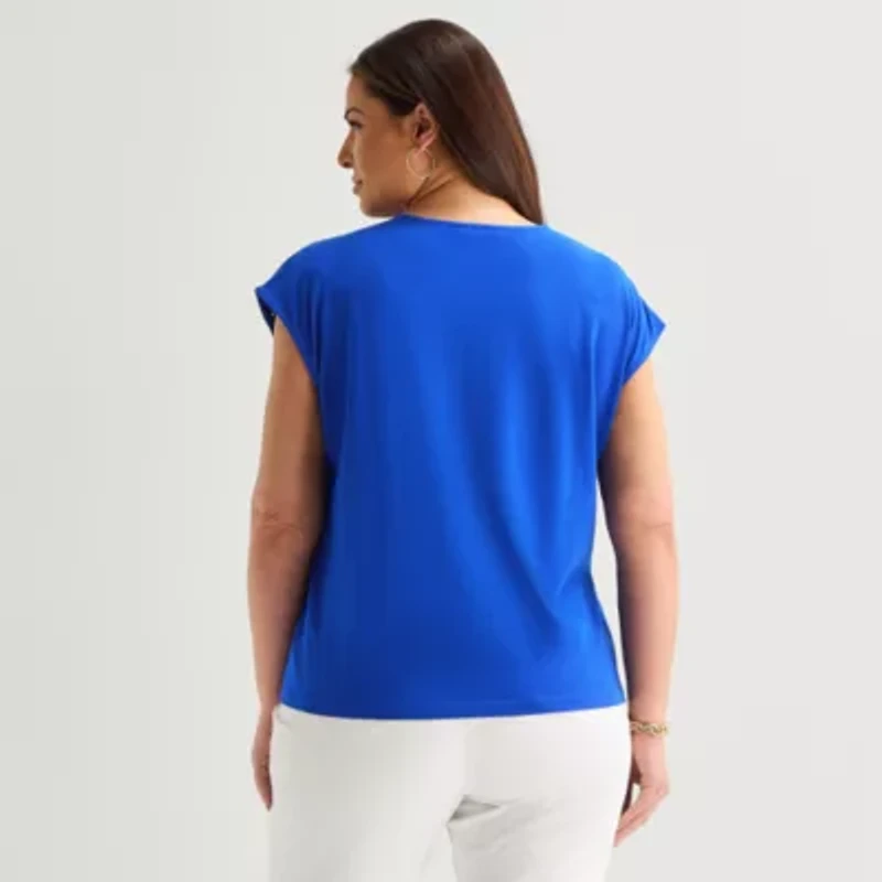 Liz Claiborne Womens Plus Crew Neck Short Sleeve Embellished Blouse