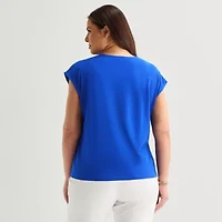 Liz Claiborne Womens Plus Crew Neck Short Sleeve Embellished Blouse