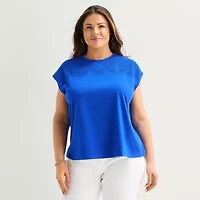 Liz Claiborne Womens Plus Crew Neck Short Sleeve Embellished Blouse