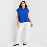 Liz Claiborne Womens Plus Crew Neck Short Sleeve Embellished Blouse