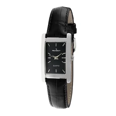 Peugeot® Womens Silver-Tone Black Leather Strap Watch