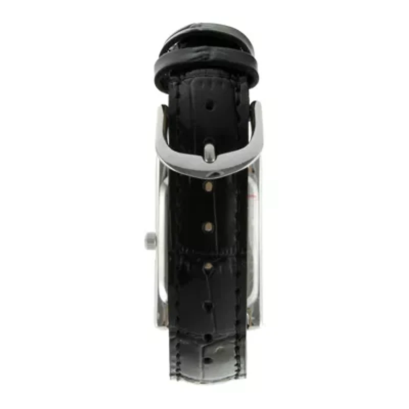 Peugeot® Womens Silver-Tone Black Leather Strap Watch