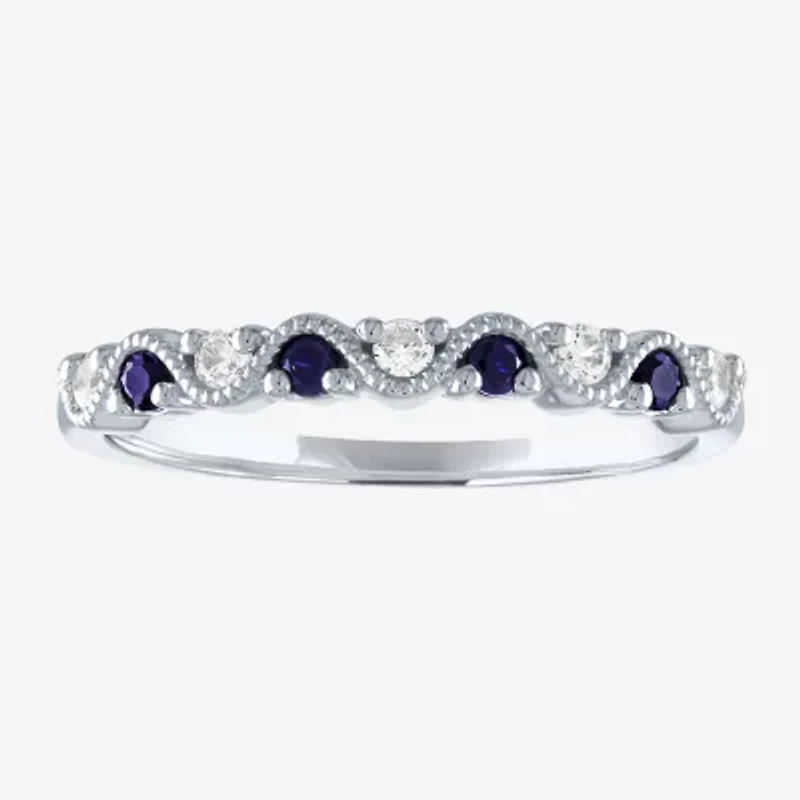 Modern Bride Gemstone Wedding Band with Emerald, Sapphire, or Lead Glass-Filled Ruby and 1/10 CT. T.W. Diamonds 10K Gold