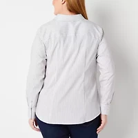 Liz Claiborne Womens Plus Long Sleeve Regular Fit Stretch Fabric Wrinkle Free Poplin Button-Down Shirt